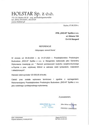 Dokument z referencją od HOLSTAR - remont biur.